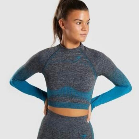 Gymshark Flex Long Sleeve Cropped Athletic Top Size Small Faded Blue Pitch Gray - Picture 1 of 6